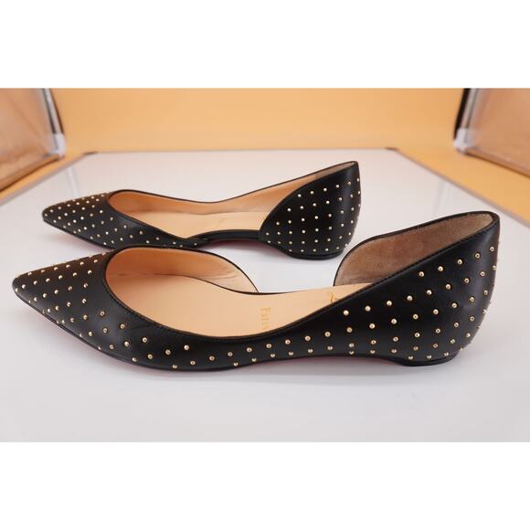 Christian Louboutin Black Leather Iriza Plume Studded d'orsay Flat SZ 38 Pointy - Picture 5 of 10